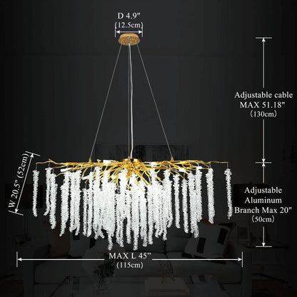 Doris White Crystal Rectangle Branch Chandelier Gold 45"L-Nobipets