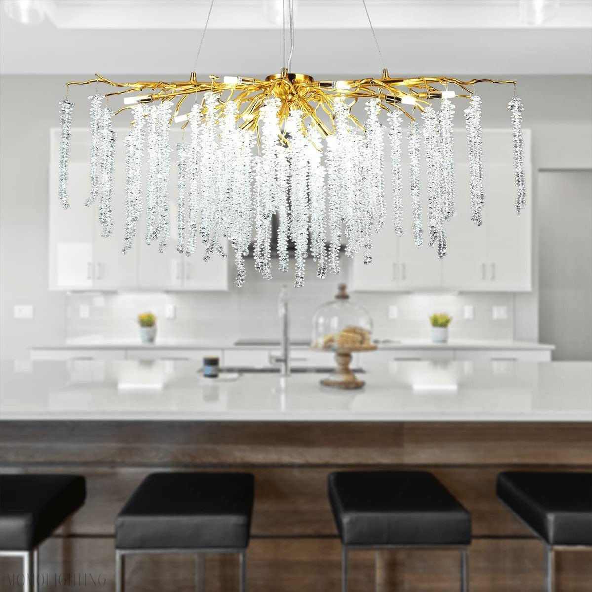 Doris White Crystal Rectangle Branch Chandelier Gold 45"L-Nobipets