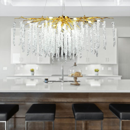 Doris White Crystal Rectangle Branch Chandelier Gold 45"L-Nobipets