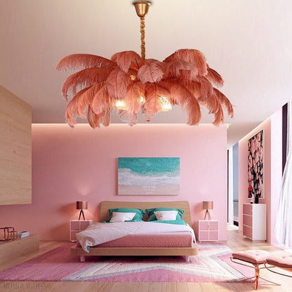 Elva Brass Palm Tree Feather Chandelier-Nobipets