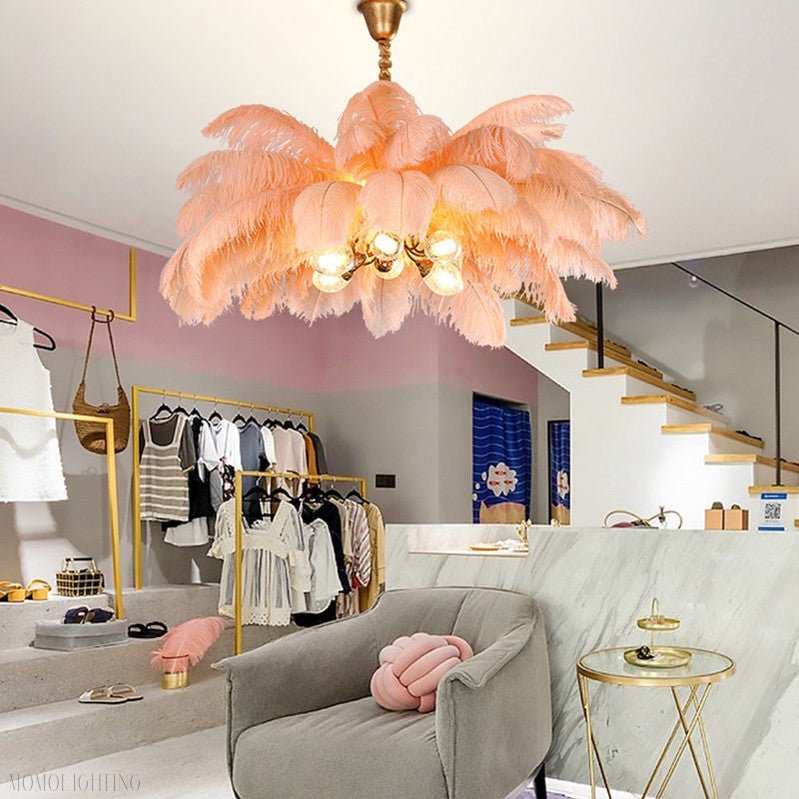 Elva Brass Palm Tree Feather Chandelier-Nobipets