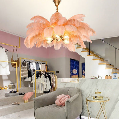 Elva Brass Palm Tree Feather Chandelier-Nobipets
