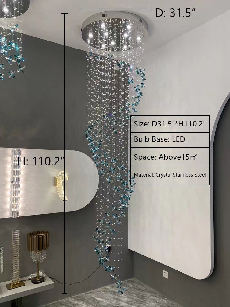 Extra Large Creative Luxury Petal Crystal Pendant Long Chandelier for Foyer/Staircase/Entrance Dining Hall Spiral Ceiling Light-Nobipets