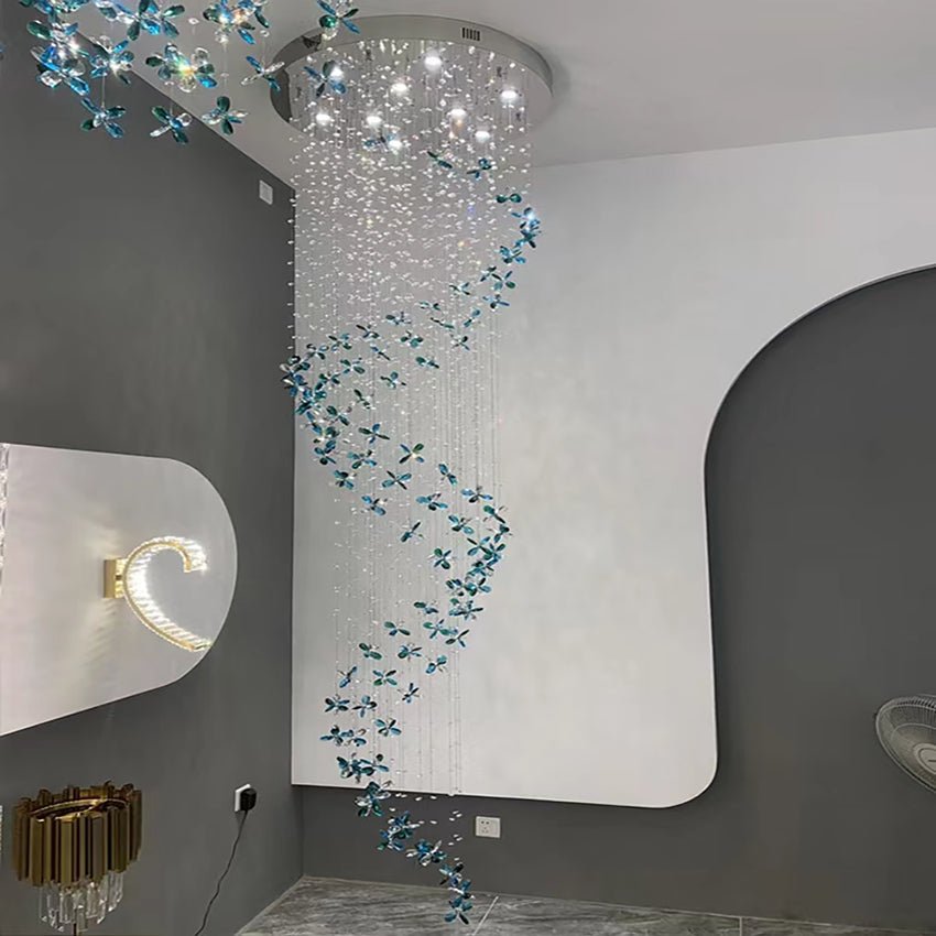Extra Large Creative Luxury Petal Crystal Pendant Long Chandelier for Foyer/Staircase/Entrance Dining Hall Spiral Ceiling Light-Nobipets