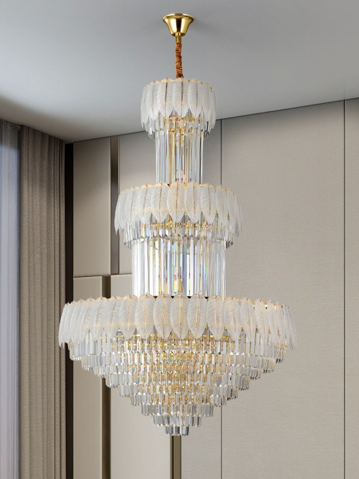 Extra Large Crystal Feather Style Chandelier Long Foyer Staircase Ceiling Lighting Fixture For Living Room-Nobipets