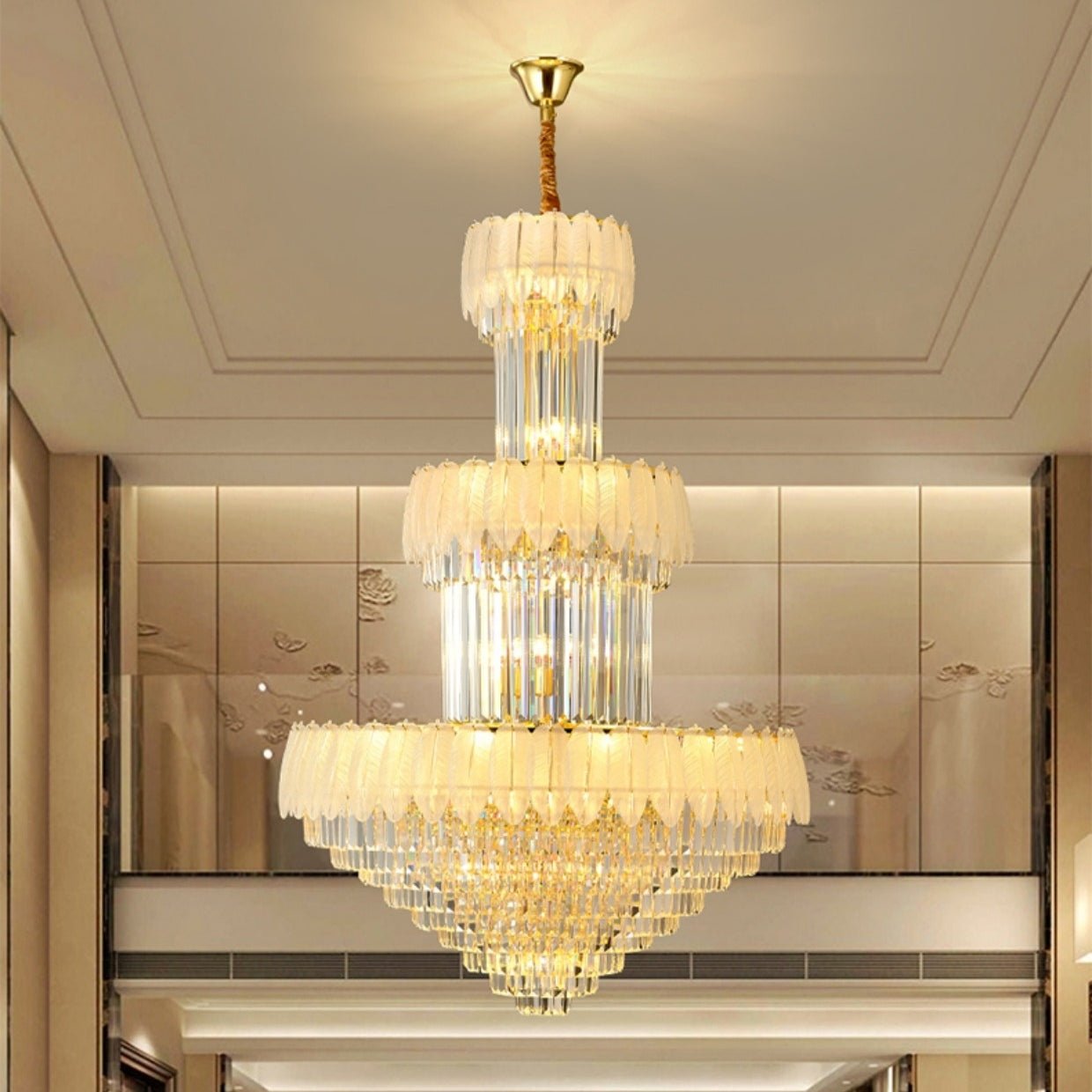 Extra Large Crystal Feather Style Chandelier Long Foyer Staircase Ceiling Lighting Fixture For Living Room-Nobipets