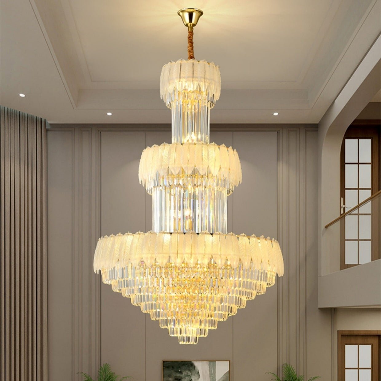 Extra Large Crystal Feather Style Chandelier Long Foyer Staircase Ceiling Lighting Fixture For Living Room-Nobipets