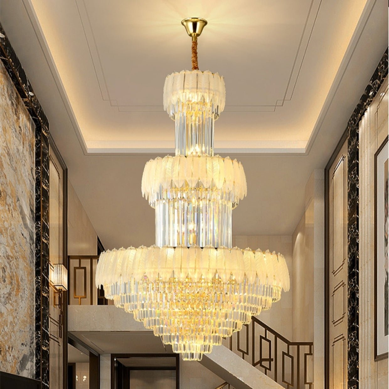 Extra Large Crystal Feather Style Chandelier Long Foyer Staircase Ceiling Lighting Fixture For Living Room-Nobipets