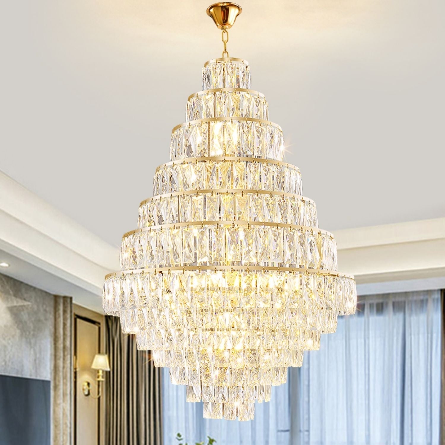 Extra Large Decorative Crystal Chandelier Foyer Hall Ceiling Light Fixture For Staircase In Gold/ Chrome-Nobipets