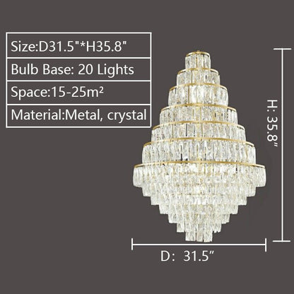 Extra Large Decorative Crystal Chandelier Foyer Hall Ceiling Light Fixture For Staircase In Gold/ Chrome-Nobipets