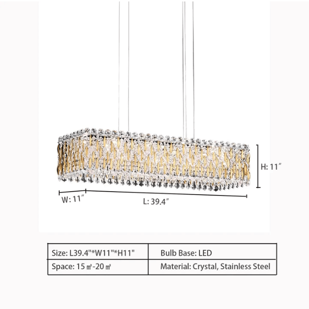 L39.4"*W11.0"*H11.0" chandelier,chandeliers,crystal,leaves,leaf,rectangle,gold,chrome,living room,dining room,kitchen island,.dining bar