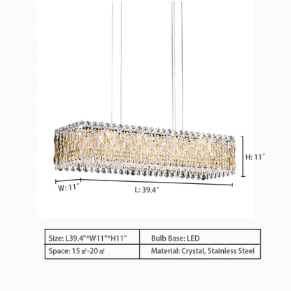 L39.4"*W11.0"*H11.0" chandelier,chandeliers,crystal,leaves,leaf,rectangle,gold,chrome,living room,dining room,kitchen island,.dining bar