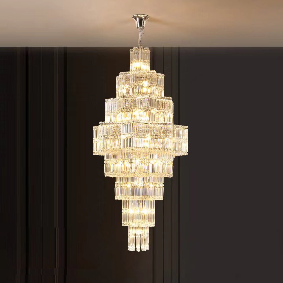 Extra Large Plaza Hall Multi-Tier Crystal Chandelier Foyer Living Room Staircase Ceiling Lighting Fixture In Chrome/ Silver Finish-Nobipets