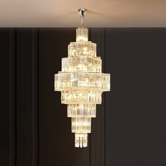 Extra Large Plaza Hall Multi-Tier Crystal Chandelier Foyer Living Room Staircase Ceiling Lighting Fixture In Chrome/ Silver Finish-Nobipets