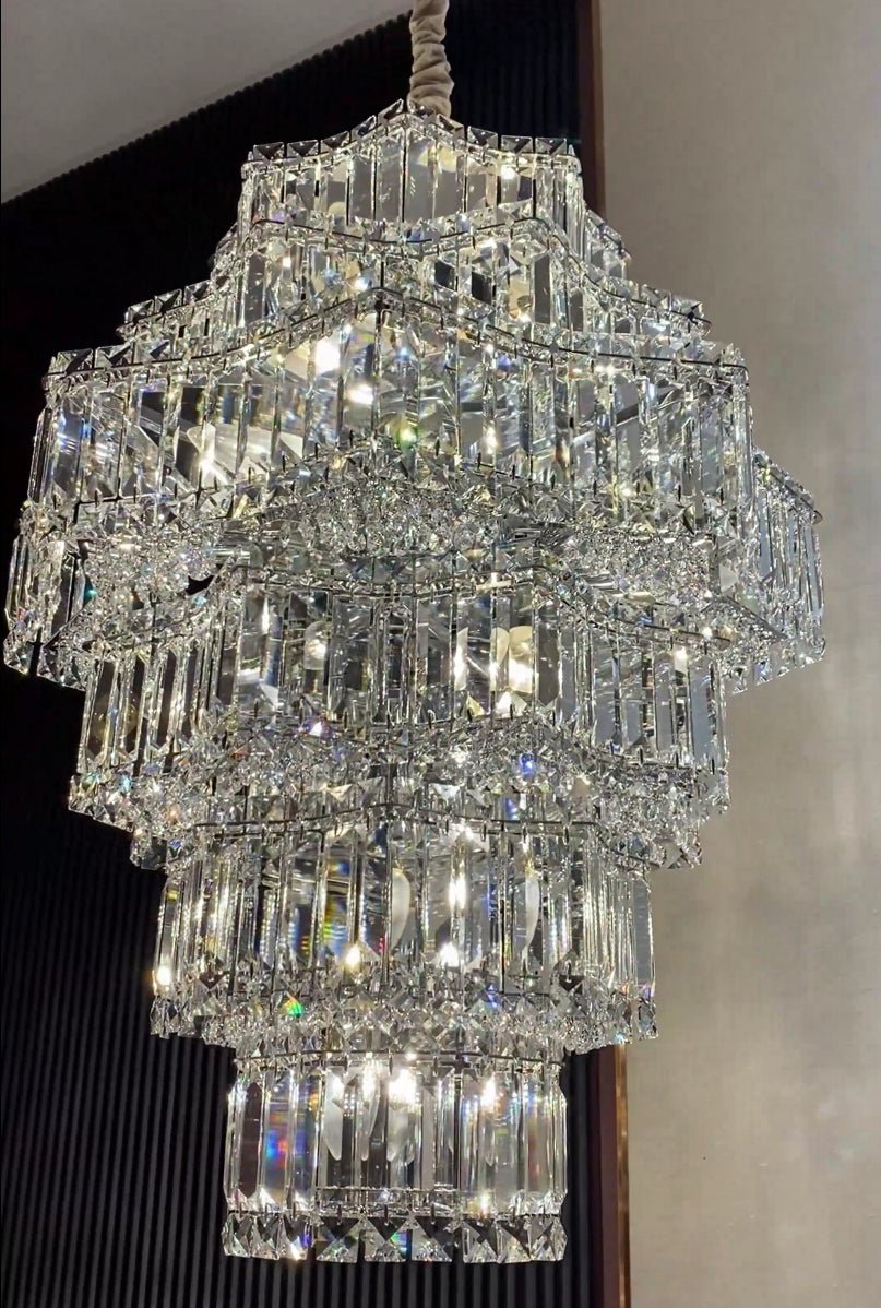 Extra Large Plaza Hall Multi-Tier Crystal Chandelier Foyer Living Room Staircase Ceiling Lighting Fixture In Chrome/ Silver Finish-Nobipets