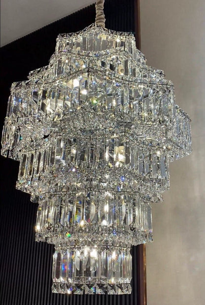 Extra Large Plaza Hall Multi-Tier Crystal Chandelier Foyer Living Room Staircase Ceiling Lighting Fixture In Chrome/ Silver Finish-Nobipets