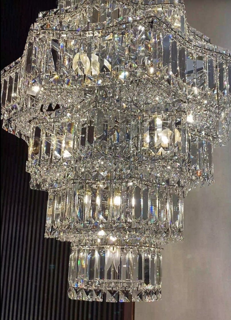 Extra Large Plaza Hall Multi-Tier Crystal Chandelier Foyer Living Room Staircase Ceiling Lighting Fixture In Chrome/ Silver Finish-Nobipets