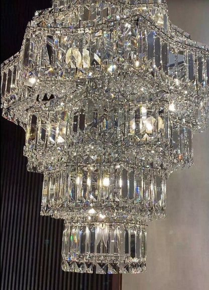 Extra Large Plaza Hall Multi-Tier Crystal Chandelier Foyer Living Room Staircase Ceiling Lighting Fixture In Chrome/ Silver Finish-Nobipets