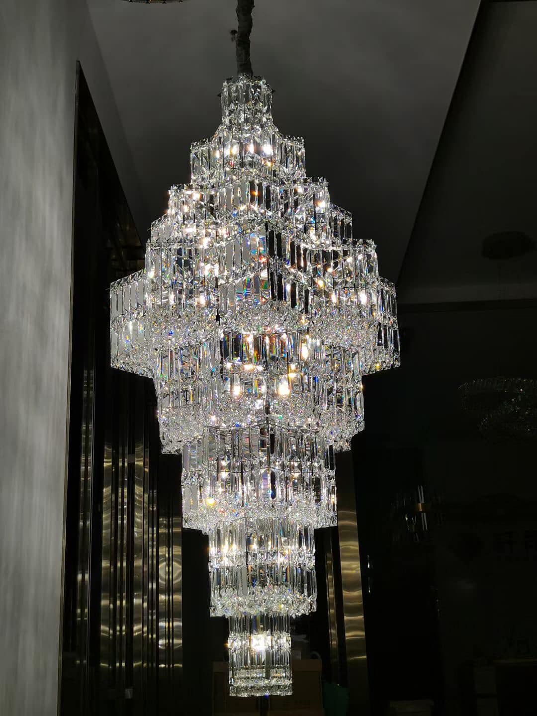 Extra Large Plaza Hall Multi-Tier Crystal Chandelier Foyer Living Room Staircase Ceiling Lighting Fixture In Chrome/ Silver Finish-Nobipets