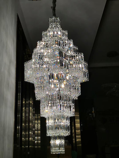 Extra Large Plaza Hall Multi-Tier Crystal Chandelier Foyer Living Room Staircase Ceiling Lighting Fixture In Chrome/ Silver Finish-Nobipets