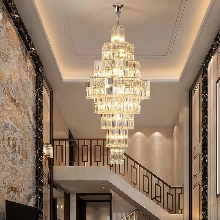 Extra Large Plaza Hall Multi-Tier Crystal Chandelier Foyer Living Room Staircase Ceiling Lighting Fixture In Chrome/ Silver Finish-Nobipets