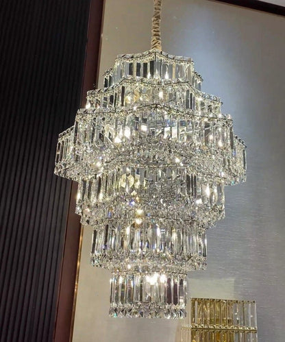 Extra Large Plaza Hall Multi-Tier Crystal Chandelier Foyer Living Room Staircase Ceiling Lighting Fixture In Chrome/ Silver Finish-Nobipets