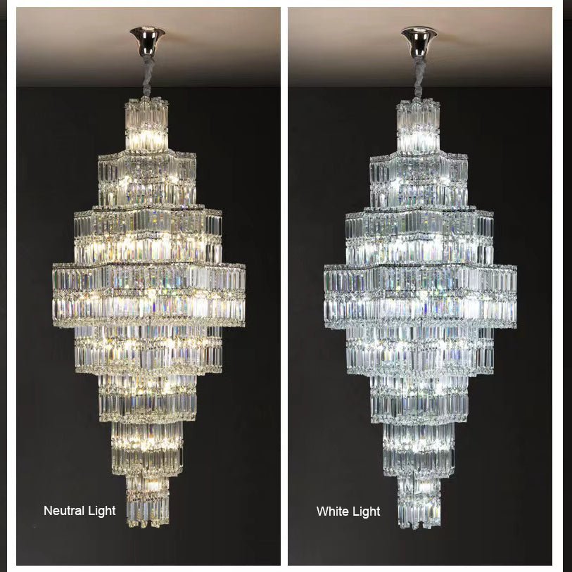 Extra Large Plaza Hall Multi-Tier Crystal Chandelier Foyer Living Room Staircase Ceiling Lighting Fixture In Chrome/ Silver Finish-Nobipets