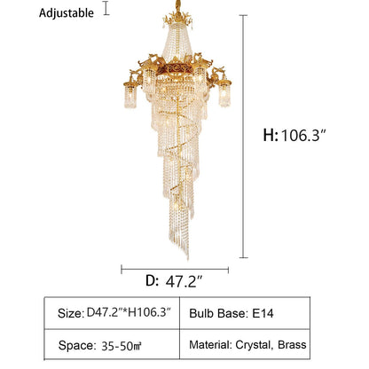 Extra Large Retro Luxury Full Copper Crystal Chandelier for Staircase/ Duplexes/ Villas-Nobipets