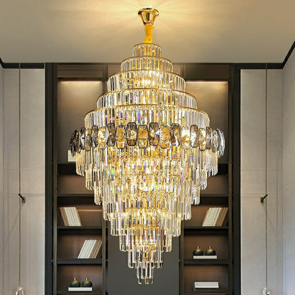 Fashion Large Staircase Chandelier For Foyer Living Room Entrance Crystal Ceiling Light Fixture In Gold Finish-Nobipets