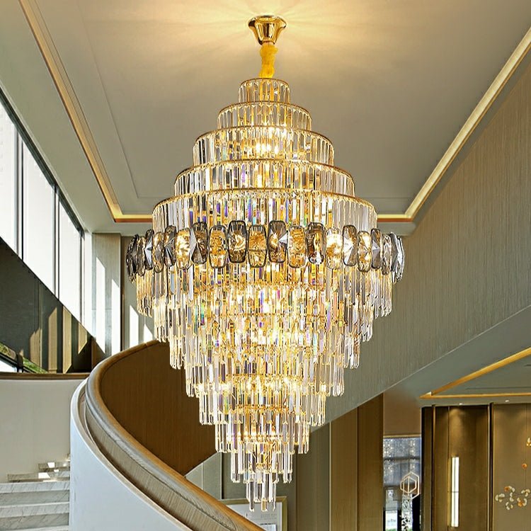Fashion Large Staircase Chandelier For Foyer Living Room Entrance Crystal Ceiling Light Fixture In Gold Finish-Nobipets