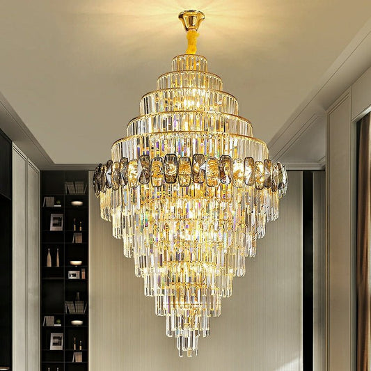 Fashion Large Staircase Chandelier For Foyer Living Room Entrance Crystal Ceiling Light Fixture In Gold Finish-Nobipets