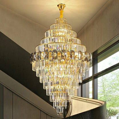 Fashion Large Staircase Chandelier For Foyer Living Room Entrance Crystal Ceiling Light Fixture In Gold Finish-Nobipets