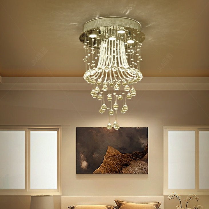 Flush Mounted Crystal Drops Chandelier Elegant Ceiling Light Fixture For Bedroom/ Living Room-Nobipets