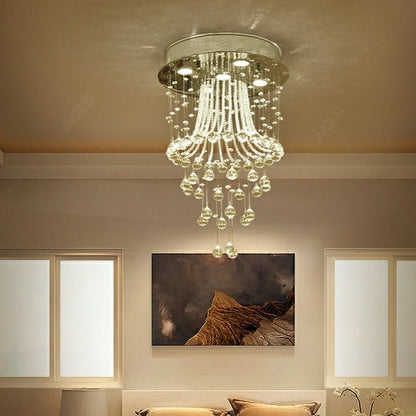 Flush Mounted Crystal Drops Chandelier Elegant Ceiling Light Fixture For Bedroom/ Living Room-Nobipets