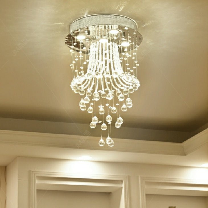 Flush Mounted Crystal Drops Chandelier Elegant Ceiling Light Fixture For Bedroom/ Living Room-Nobipets