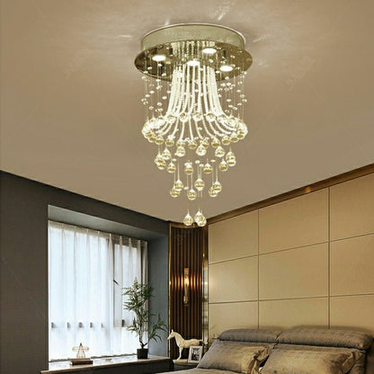 Flush Mounted Crystal Drops Chandelier Elegant Ceiling Light Fixture For Bedroom/ Living Room-Nobipets