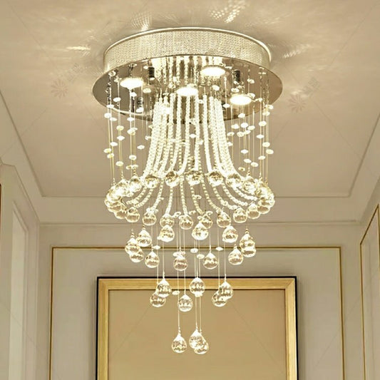 Flush Mounted Crystal Drops Chandelier Elegant Ceiling Light Fixture For Bedroom/ Living Room-Nobipets
