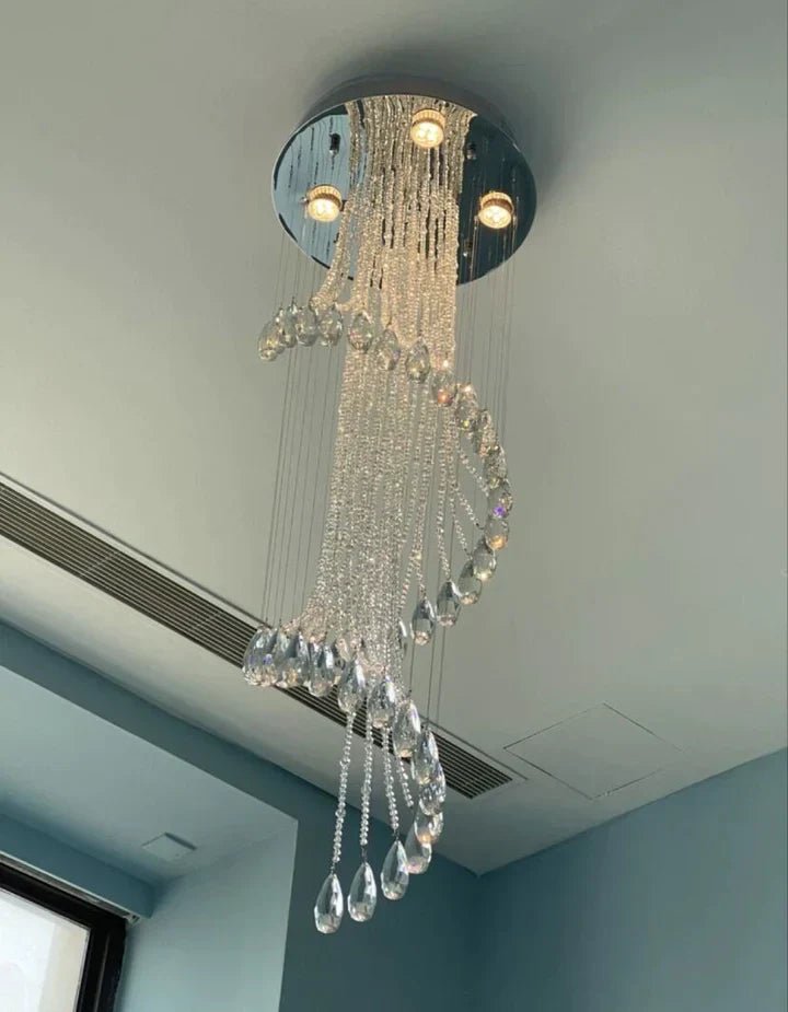 Flush Mounted Spiral Crystal Drops Chandelier Round LED Ceiling Lighting Fixture For Foyer Staircase/ Hotel Entrance-Nobipets