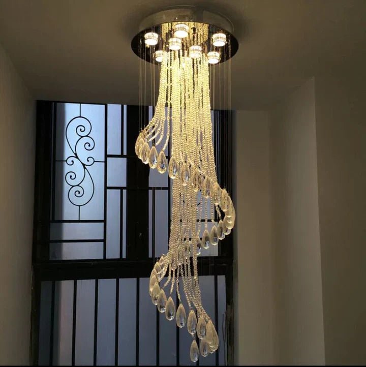 Flush Mounted Spiral Crystal Drops Chandelier Round LED Ceiling Lighting Fixture For Foyer Staircase/ Hotel Entrance-Nobipets