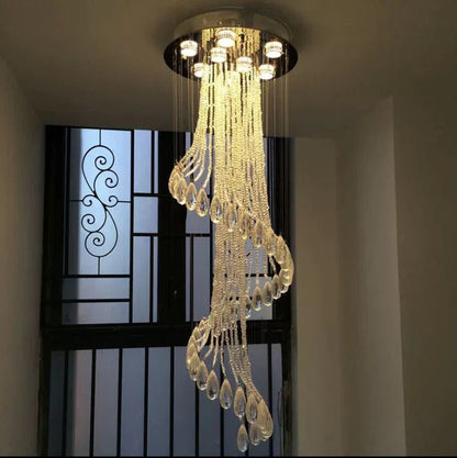 Flush Mounted Spiral Crystal Drops Chandelier Round LED Ceiling Lighting Fixture For Foyer Staircase/ Hotel Entrance-Nobipets