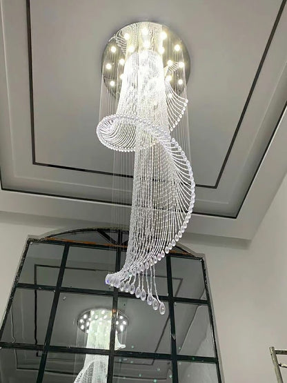 Flush Mounted Spiral Crystal Drops Chandelier Round LED Ceiling Lighting Fixture For Foyer Staircase/ Hotel Entrance-Nobipets