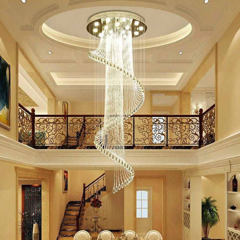Flush Mounted Spiral Crystal Drops Chandelier Round LED Ceiling Lighting Fixture For Foyer Staircase/ Hotel Entrance-Nobipets