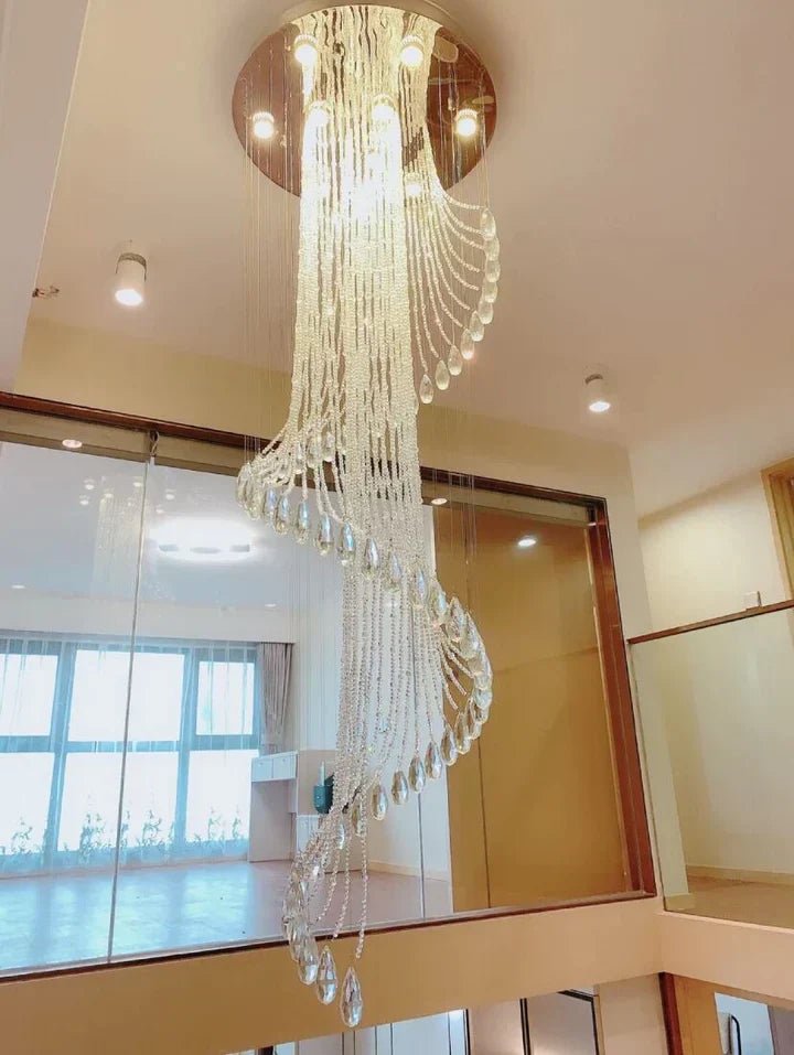 Flush Mounted Spiral Crystal Drops Chandelier Round LED Ceiling Lighting Fixture For Foyer Staircase/ Hotel Entrance-Nobipets