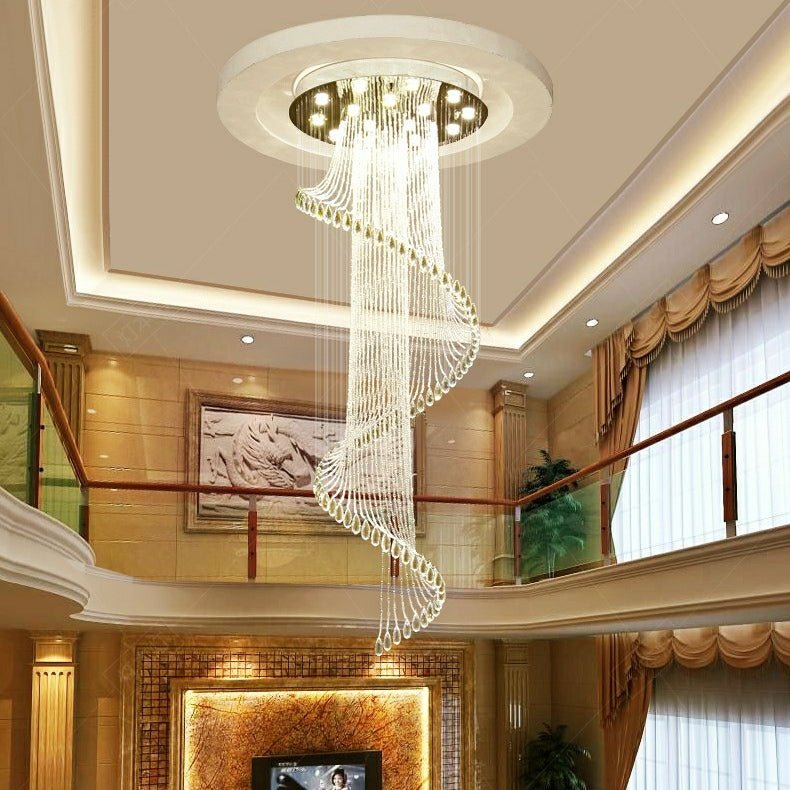 Flush Mounted Spiral Crystal Drops Chandelier Round LED Ceiling Lighting Fixture For Foyer Staircase/ Hotel Entrance-Nobipets