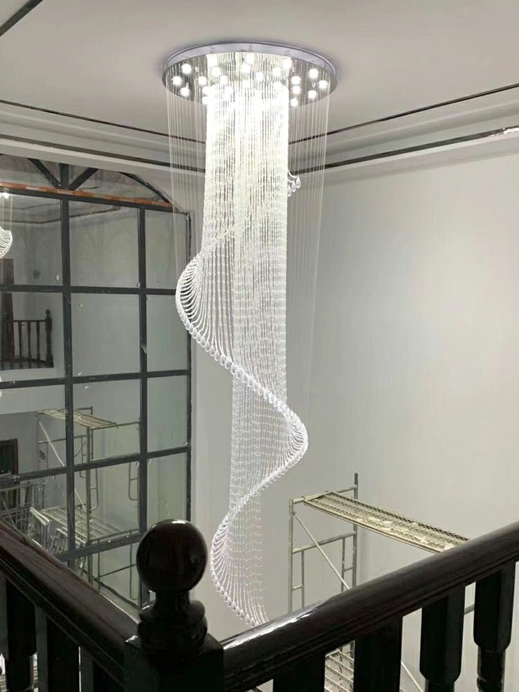 Flush Mounted Spiral Crystal Drops Chandelier Round LED Ceiling Lighting Fixture For Foyer Staircase/ Hotel Entrance-Nobipets