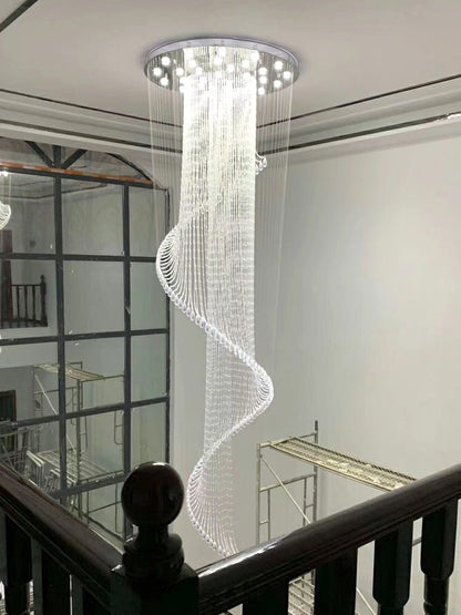 Flush Mounted Spiral Crystal Drops Chandelier Round LED Ceiling Lighting Fixture For Foyer Staircase/ Hotel Entrance-Nobipets