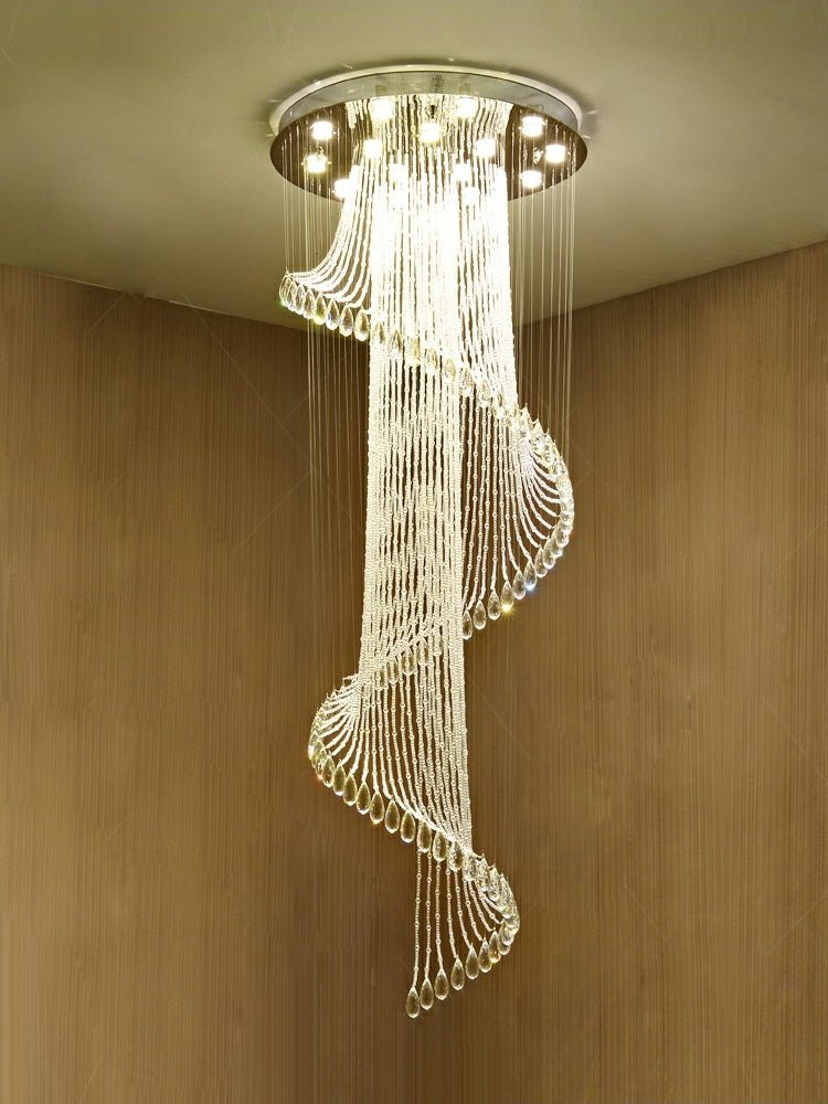 Flush Mounted Spiral Crystal Drops Chandelier Round LED Ceiling Lighting Fixture For Foyer Staircase/ Hotel Entrance-Nobipets