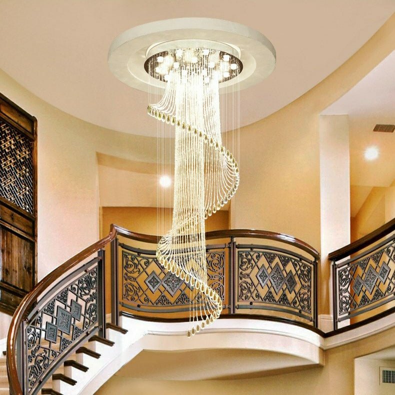 Flush Mounted Spiral Crystal Drops Chandelier Round LED Ceiling Lighting Fixture For Foyer Staircase/ Hotel Entrance-Nobipets