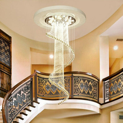 Flush Mounted Spiral Crystal Drops Chandelier Round LED Ceiling Lighting Fixture For Foyer Staircase/ Hotel Entrance-Nobipets