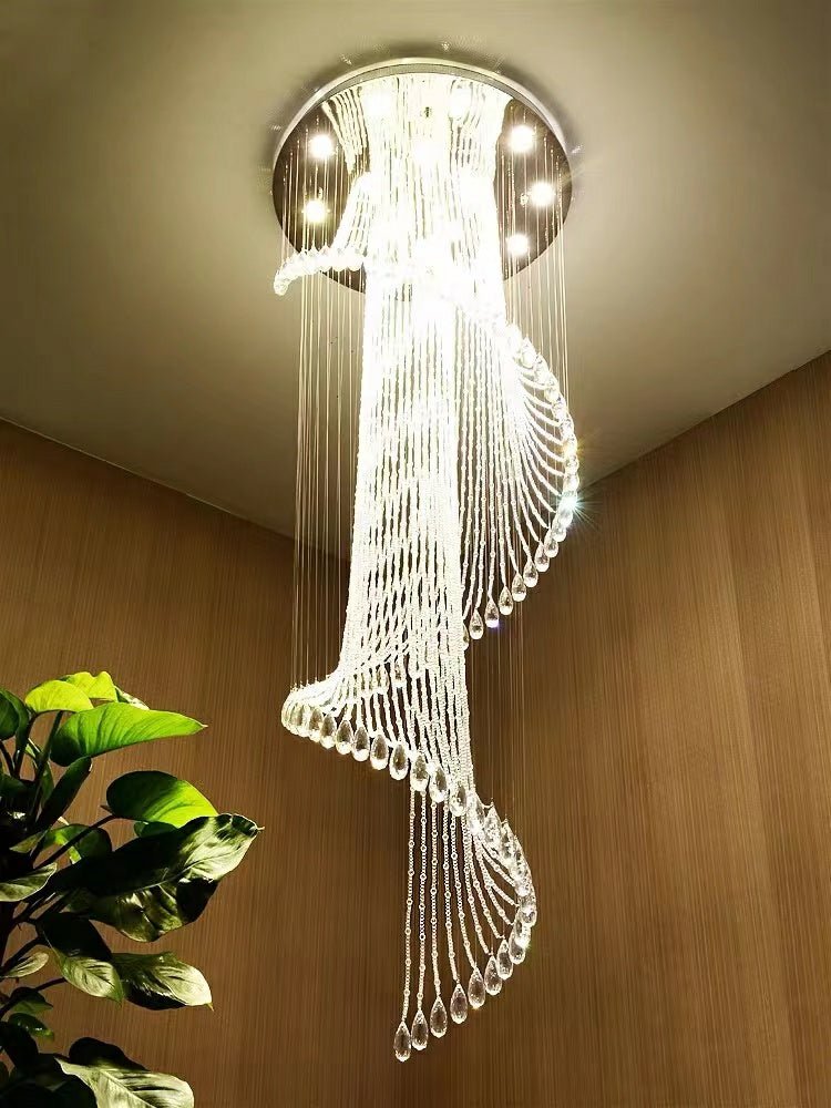 Flush Mounted Spiral Crystal Drops Chandelier Round LED Ceiling Lighting Fixture For Foyer Staircase/ Hotel Entrance-Nobipets